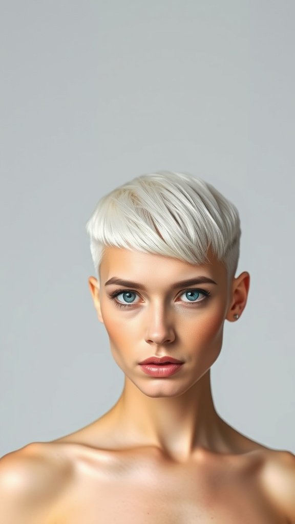 A model with a platinum buzz cut, showcasing a stylish and modern look.