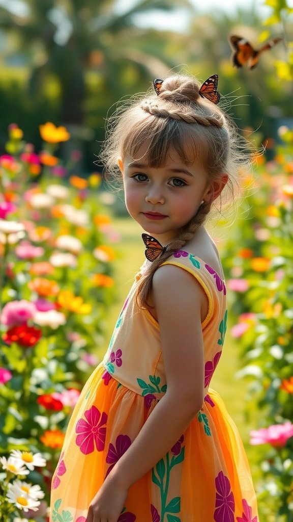 A little girl with a crown braid hairstyle, wearing a floral dress, surrounded by colorful flowers.