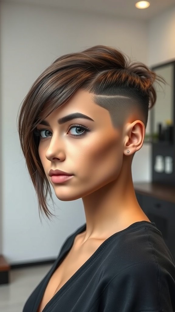 A woman with a razor-cut crop hairstyle featuring side-swept bangs, showcasing a stylish and edgy look.