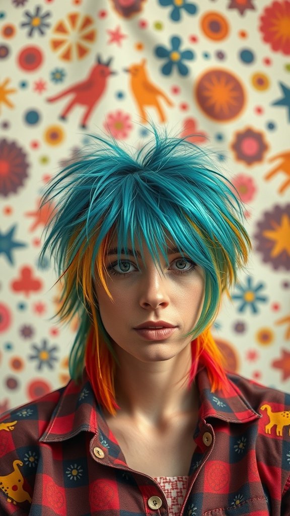 A person with a vibrant shaggy mullet hairstyle featuring blue and orange colors, wearing a patterned shirt.