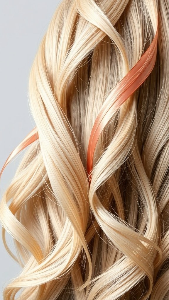 Blonde hair with rose gold highlights styled in soft waves