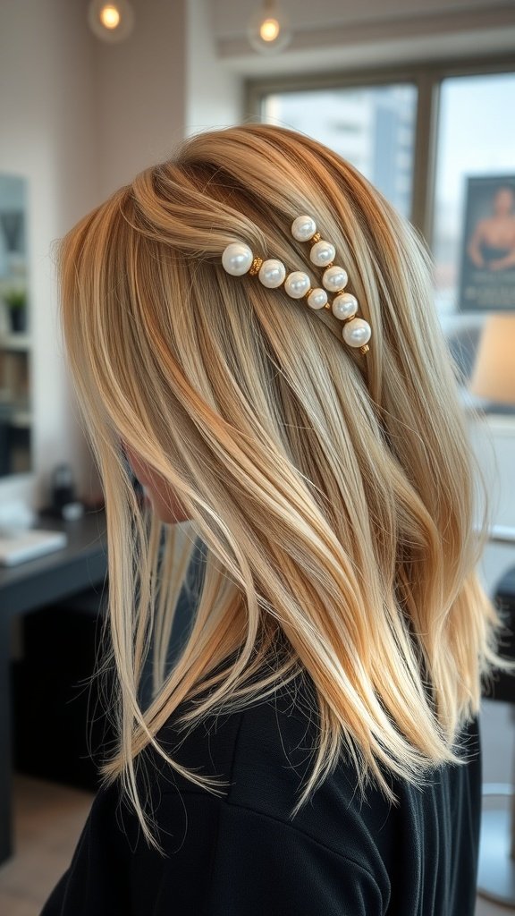 A woman with sandy blonde hair styled with pearl blonde money piece highlights and a pearl hair clip.