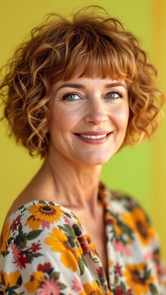 A woman with short curly hair and a blunt fringe, smiling in a floral outfit against a colorful background.