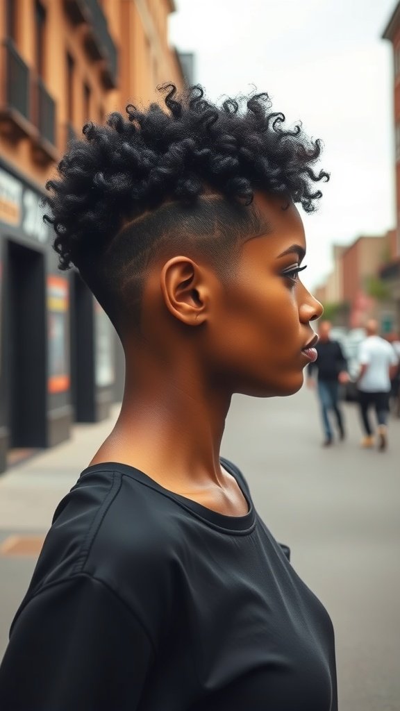 A woman with a short curly crop hairstyle featuring shaved sides, standing in an urban setting.