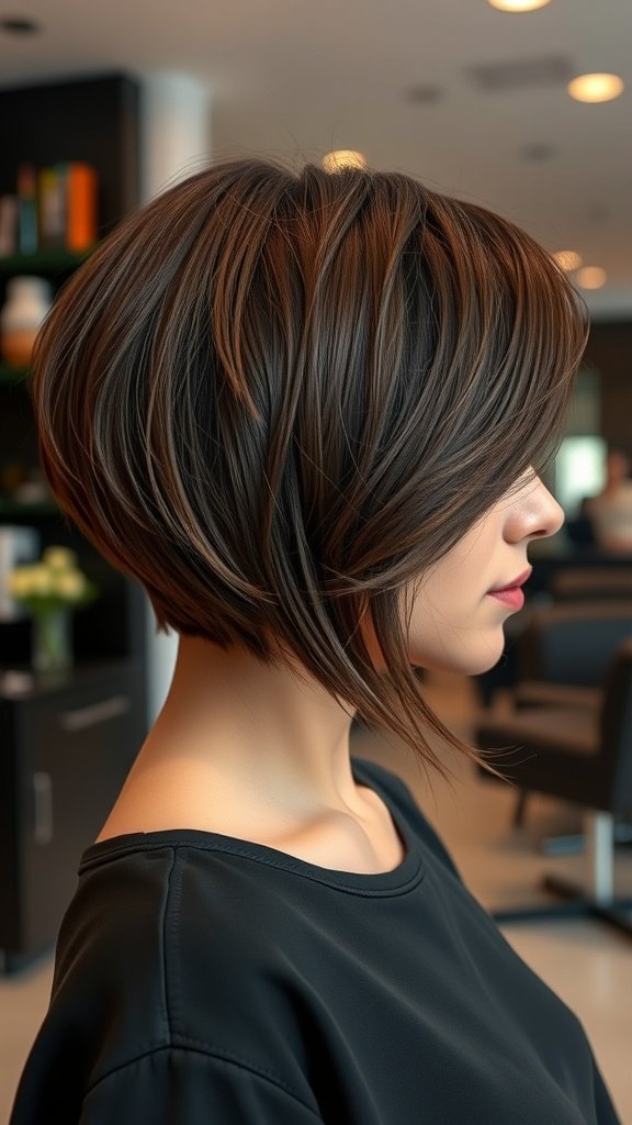 Shoulder skimming haircut with a deep side part, showcasing smooth, thick hair.