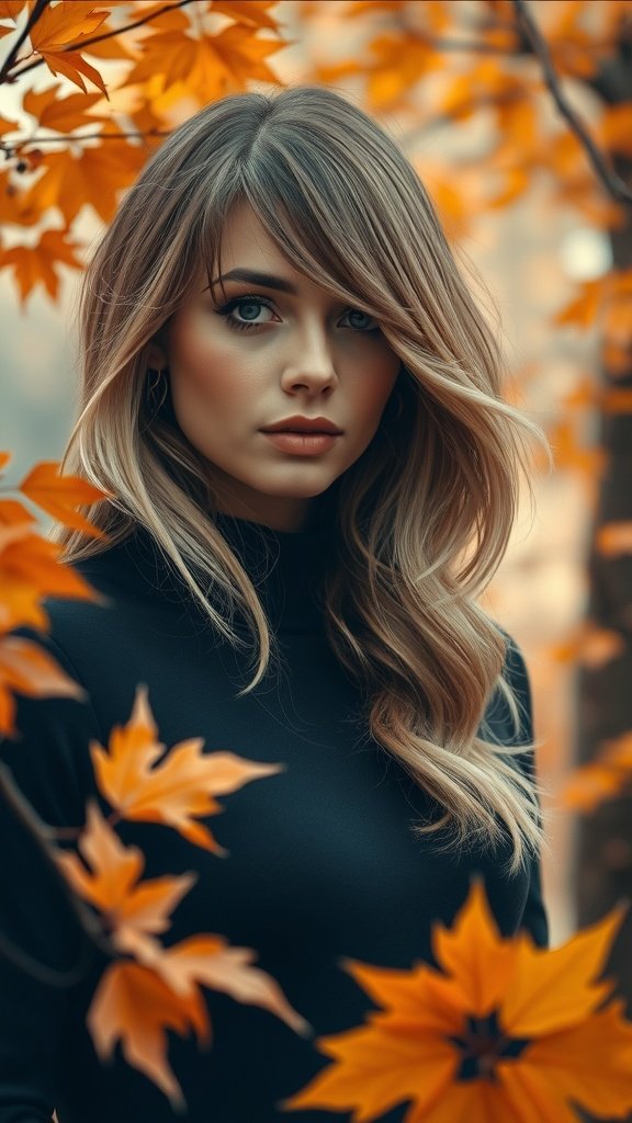 A woman with side swept curtain bangs surrounded by autumn leaves.