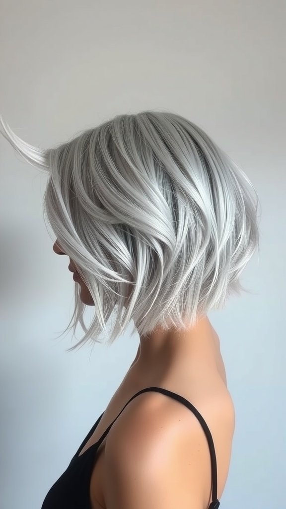 A woman showcasing a silver-hued feathered hush cut hairstyle.