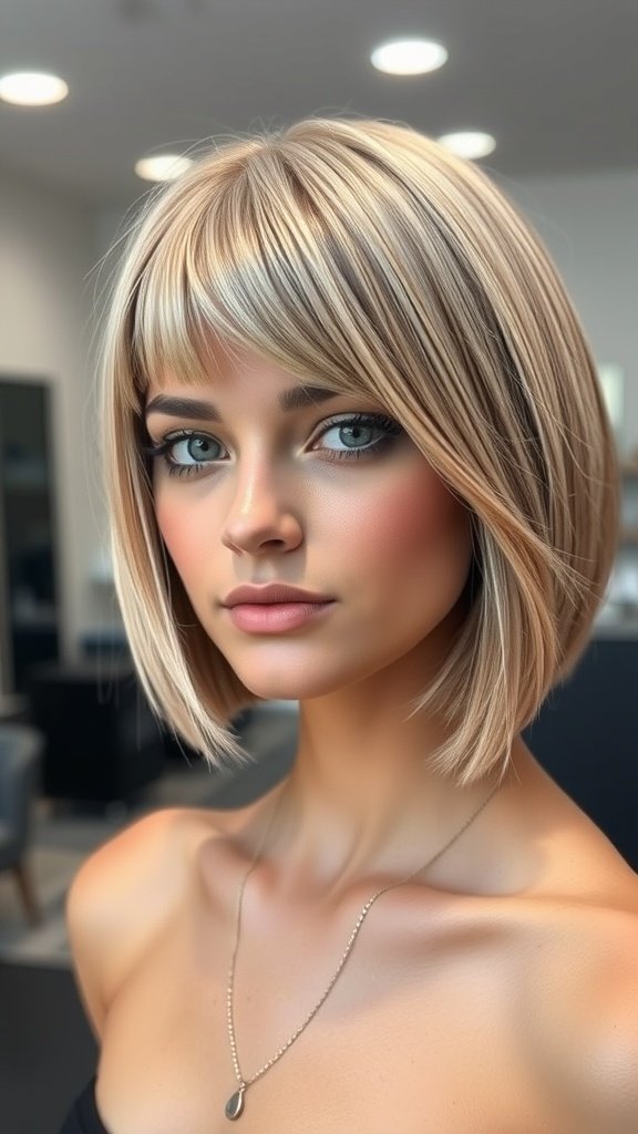 A woman with a sleek ash blonde bob hairstyle, featuring a smooth finish and sharp lines.