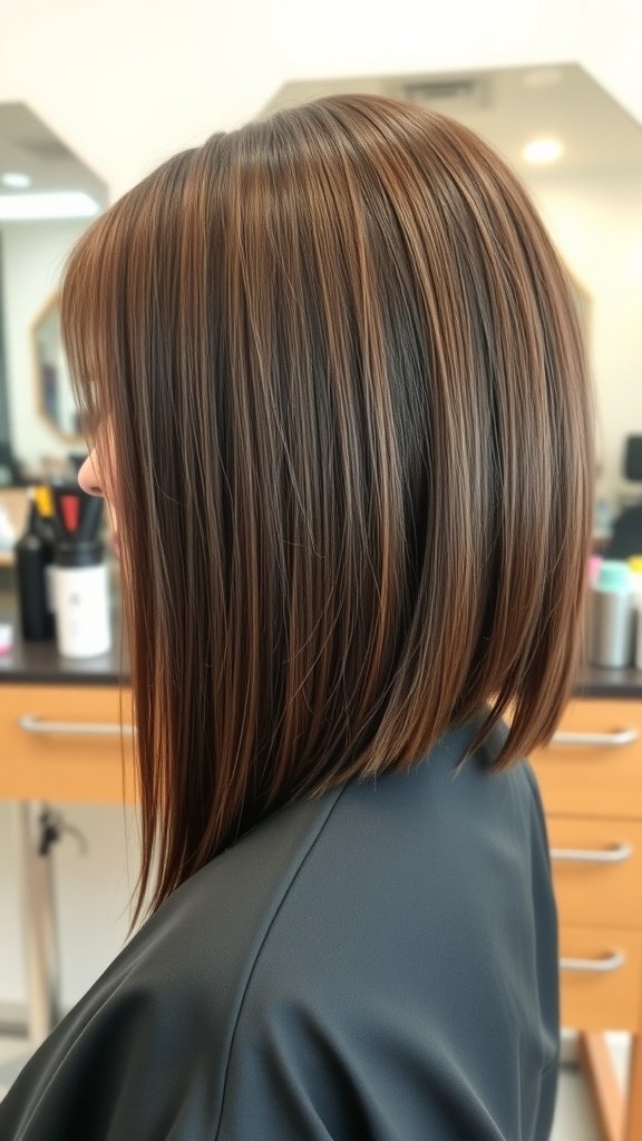 A sleek lob haircut with blunt ends, featuring smooth brown hair.