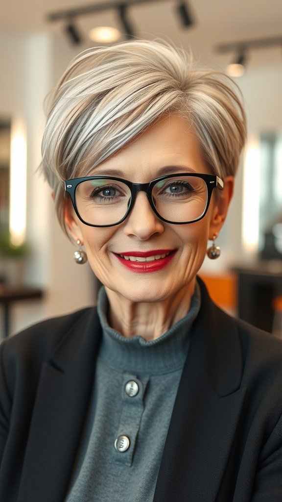 A woman over 70 with a sleek pixie haircut and long side bangs, wearing glasses and a stylish outfit.