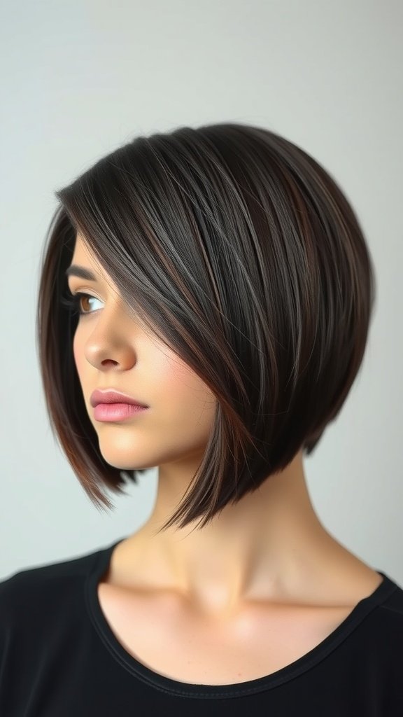 A sleek side-parted bob hairstyle with hair tucked behind the ears, showcasing a modern and polished look.