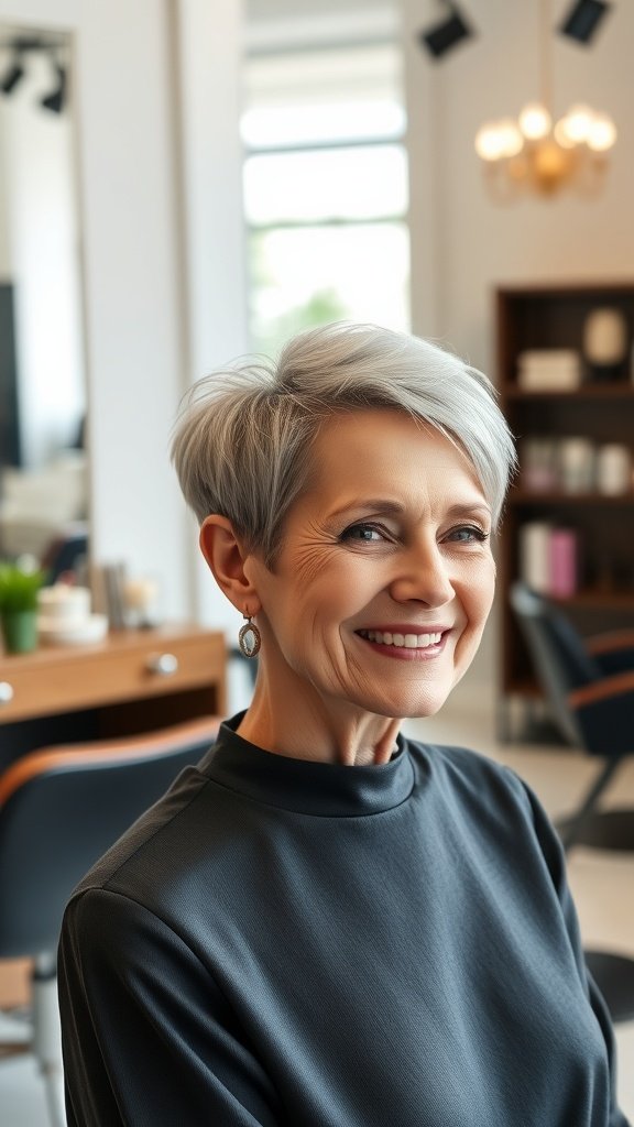 A woman with a slicked-back pixie hairstyle, smiling in a modern salon setting.