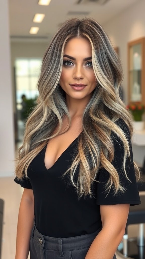 A woman with smokey gray hair featuring creamy blonde streaks, styled elegantly in a salon.