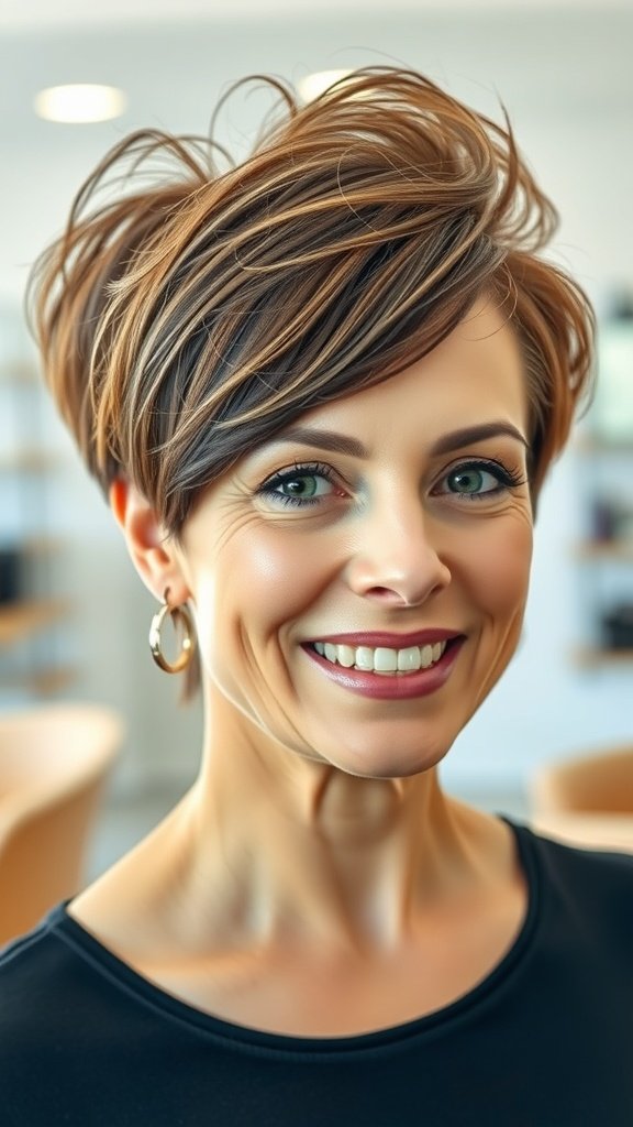 A woman with a soft layered pixie hairstyle, showcasing volume at the crown and a bright smile.