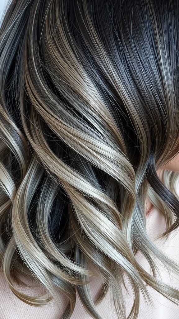 Hair styled in stormy gray and black sombre with soft waves