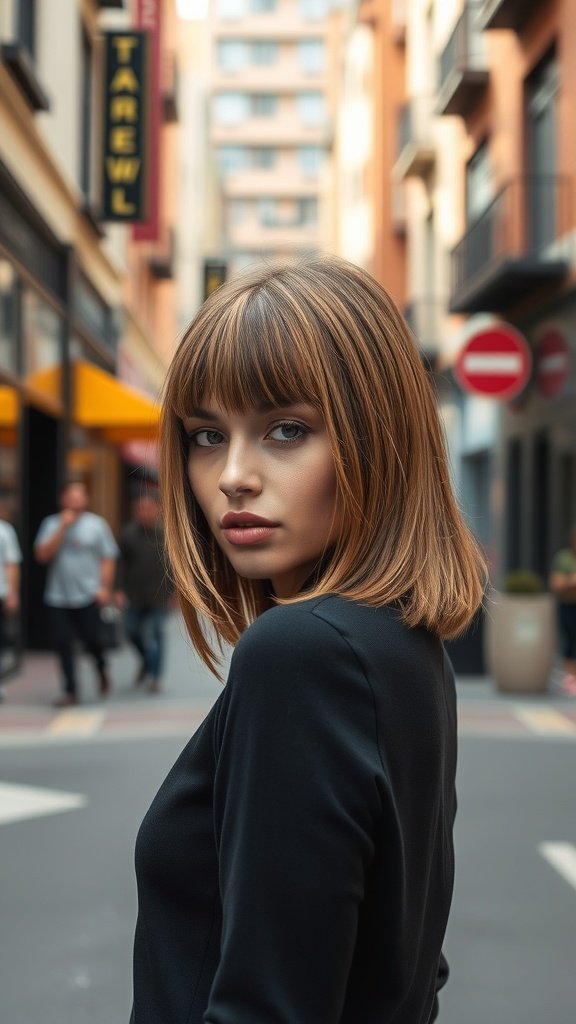 A woman with a straight lob hairstyle and razor-cut wispy bangs, standing in a city street.