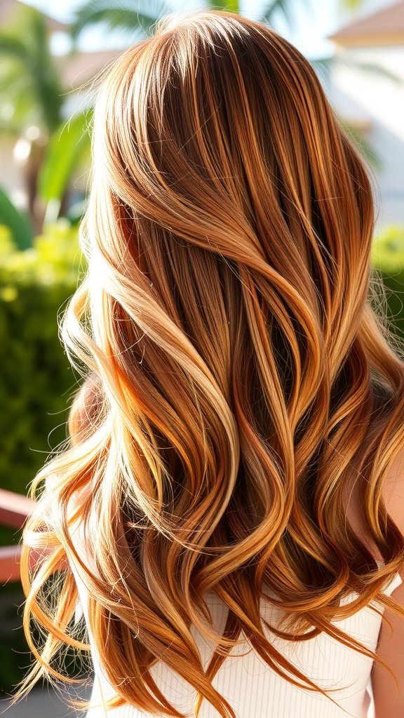 A beautiful hairstyle featuring strawberry blonde hair with auburn lowlights, styled in soft waves.