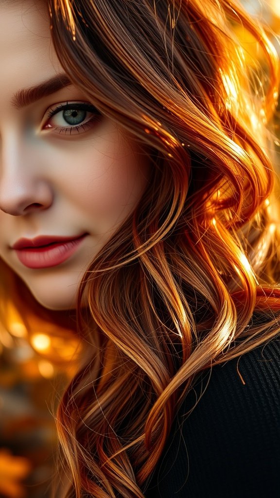 A close-up of a woman with subtle cinnamon red highlights in her hair, showcasing soft curls and a radiant glow.