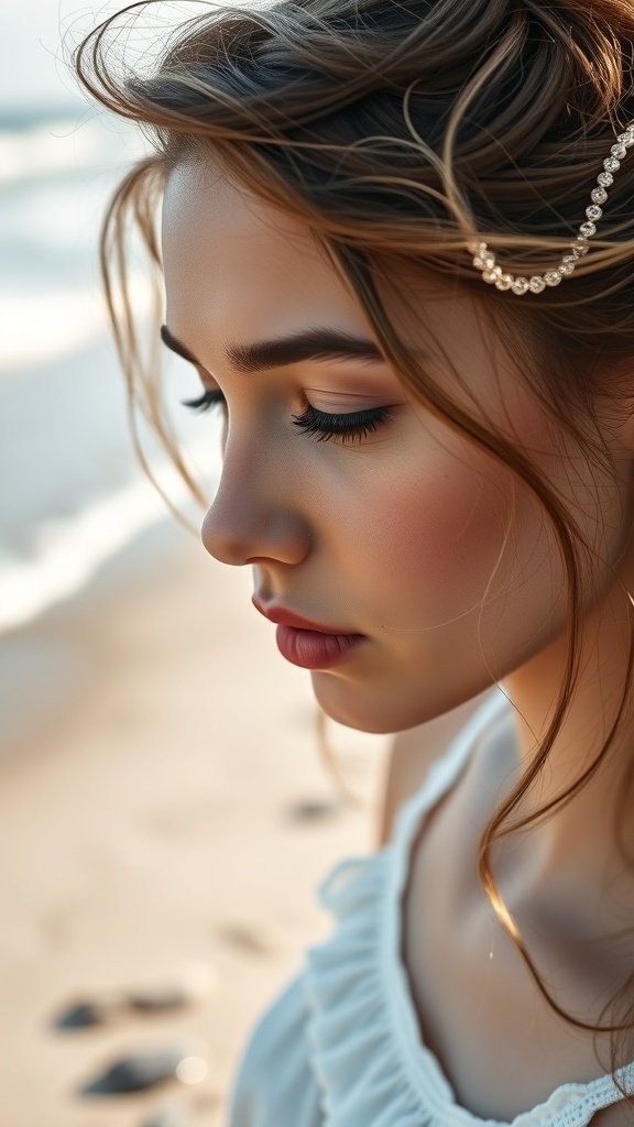 A close-up of a young woman with textured beachy waves, wearing a pearl hair accessory, with a serene beach background.