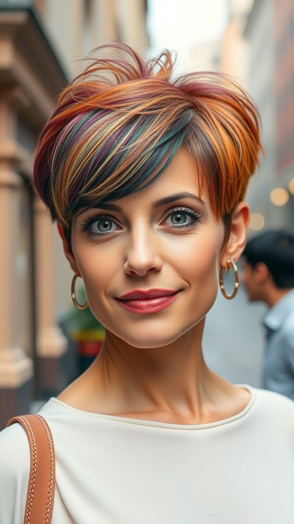 A woman with a two-tone pixie haircut featuring side-swept bangs, showcasing vibrant colors.