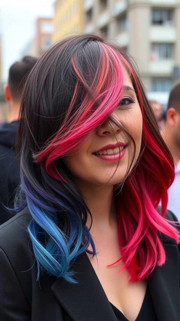 A woman with asymmetrical hairstyle featuring black hair with pink and blue highlights.