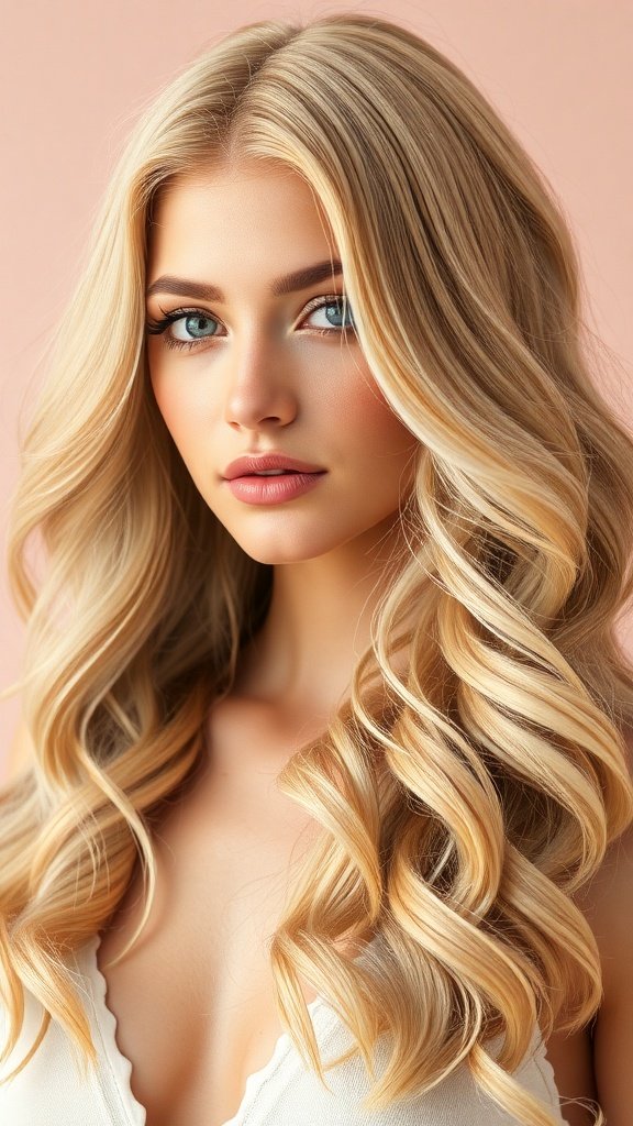 A model with Velvet Cream Blonde hair styled in soft waves against a pink background.