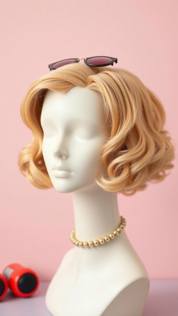 Vintage inspired finger wave curly bob hairstyle on a mannequin with sunglasses and pearl necklace