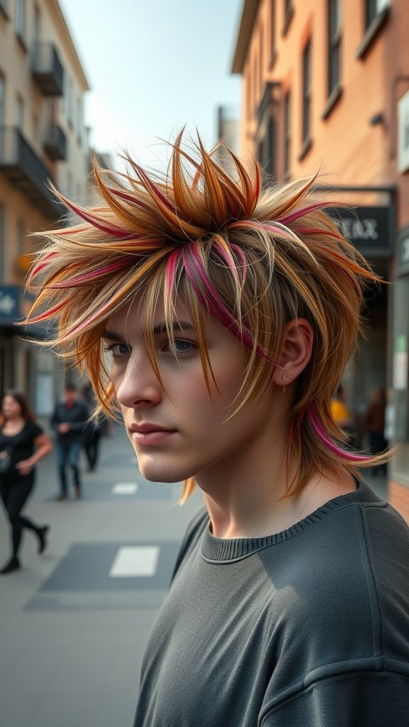 A person with a shaggy mullet hairstyle featuring bold color highlights, standing in an urban setting.
