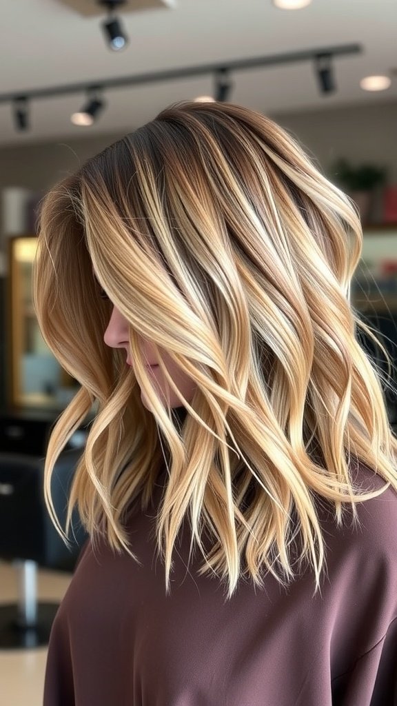 A woman with a wavy asymmetrical lob hairstyle featuring golden highlights.