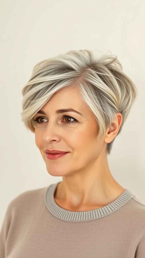 A woman over 50 with a wavy pixie hairstyle and side bangs, showcasing a chic and flattering look.