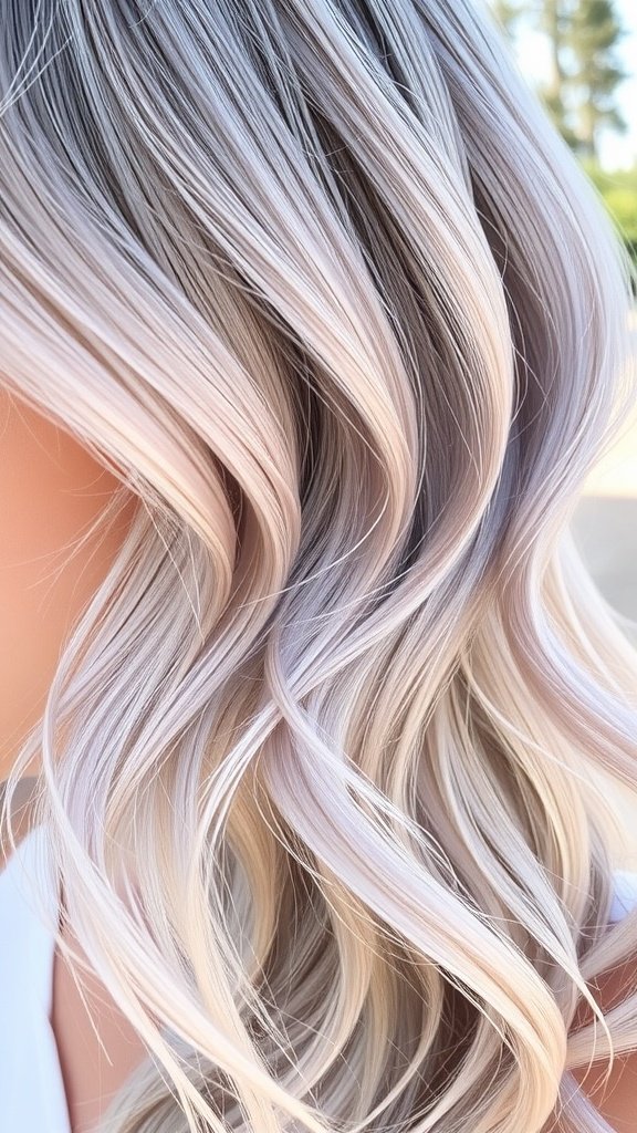 Hair styled in ash blonde with lavender tints, showcasing soft waves.