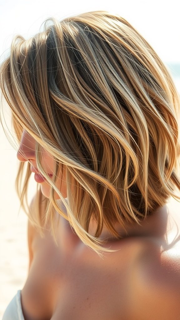 A woman with medium-shag haircut styled in beachy waves, showcasing sun-kissed highlights.