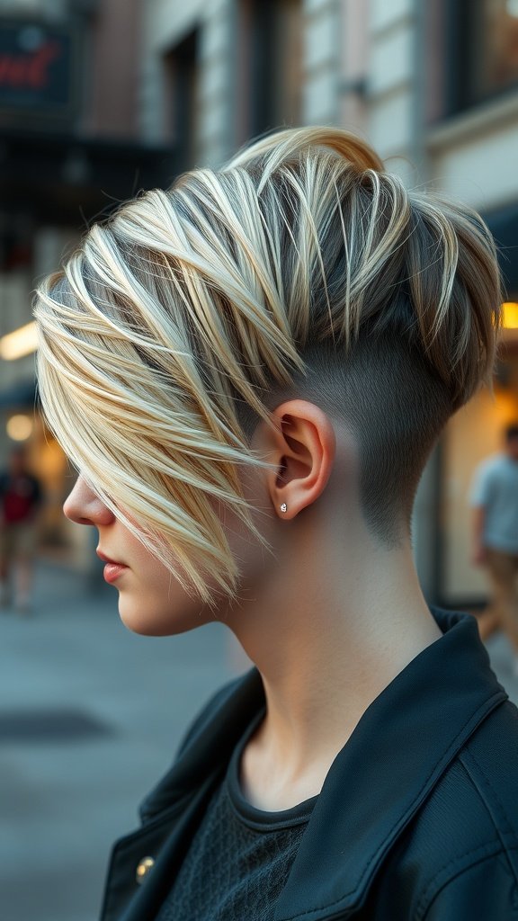 A stylish blonde asymmetrical undercut with dark roots, showcasing a modern and edgy hairstyle.