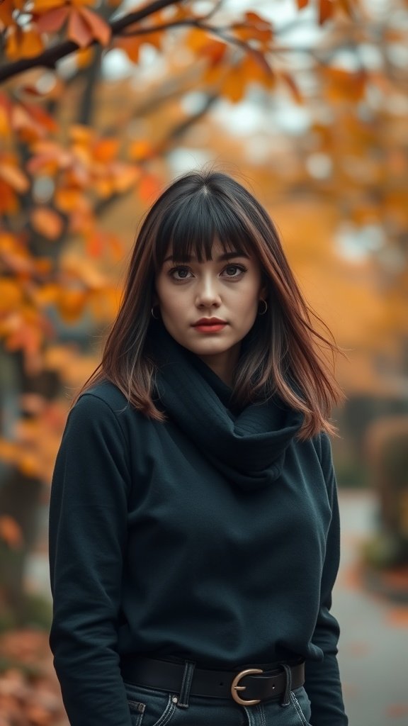 A woman with blunt curtain bangs standing outdoors in autumn.