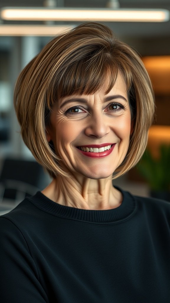 A smiling older woman with a blunt cut hairstyle and micro fringe, wearing a black top.