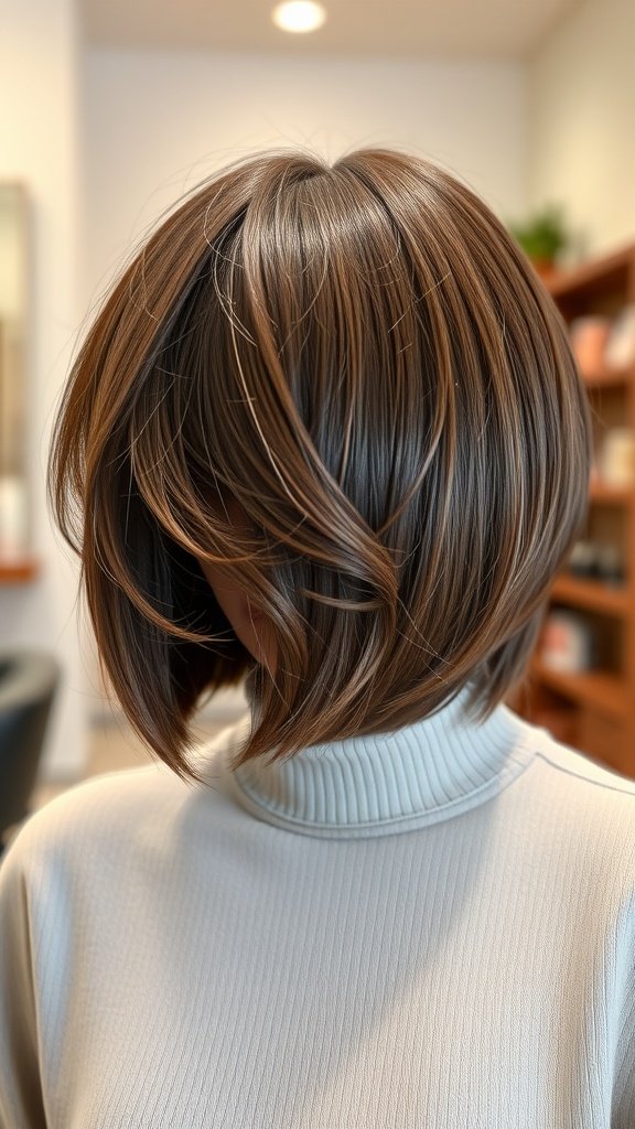Jaw-length bob hairstyle with feathered ends, showcasing volume and flow.