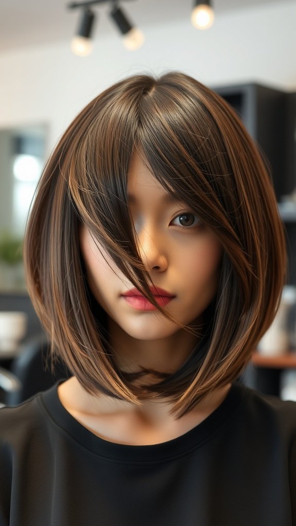 A woman with a bob hairstyle featuring deep side-swept bangs, showcasing a stylish and modern look.