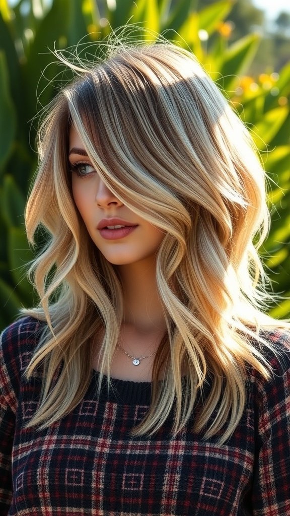 A woman with a Bohemian shag hairstyle featuring natural waves, wearing a plaid sweater.