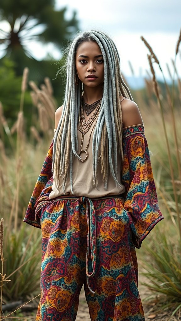 A model with long silver dreadlocks wearing a colorful bohemian outfit, standing in a field.