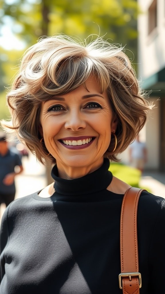 A woman with a bouncy curly bob hairstyle and layered bangs, smiling outdoors.