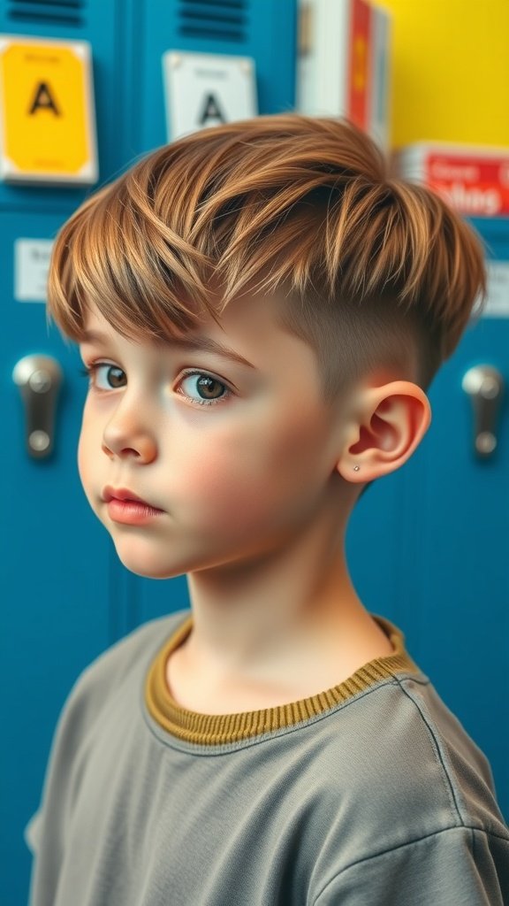 A young boy with a trendy bowl cut hairstyle, featuring faded sides and textured top, standing in front of blue lockers.