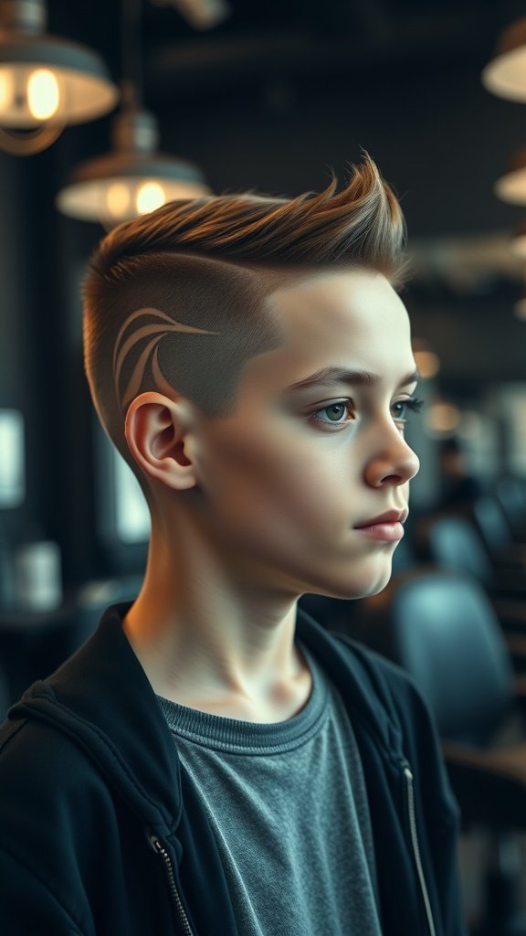 Teen boy with a buzz-cut featuring shaved designs on the sides, looking stylish in a modern barbershop.