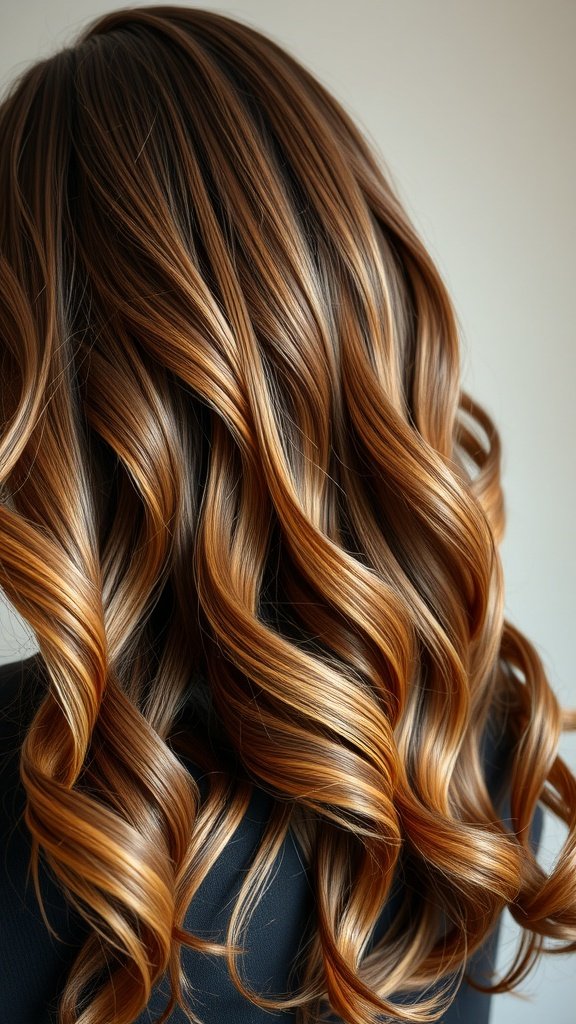Close-up of hair styled in textured waves with caramel balayage highlights