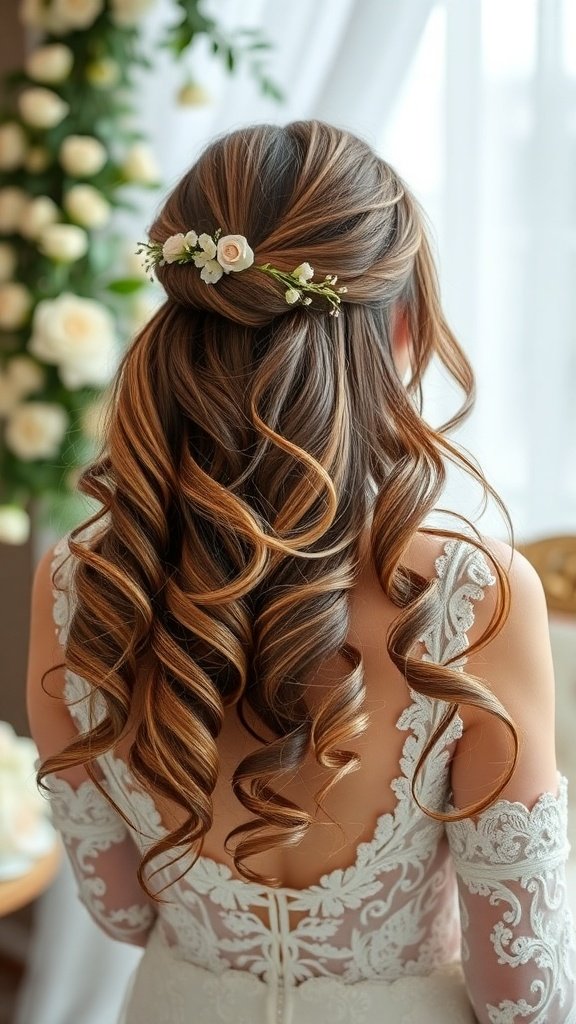 A bride with cascading curls styled elegantly with floral accents, showcasing a romantic wedding hairstyle.