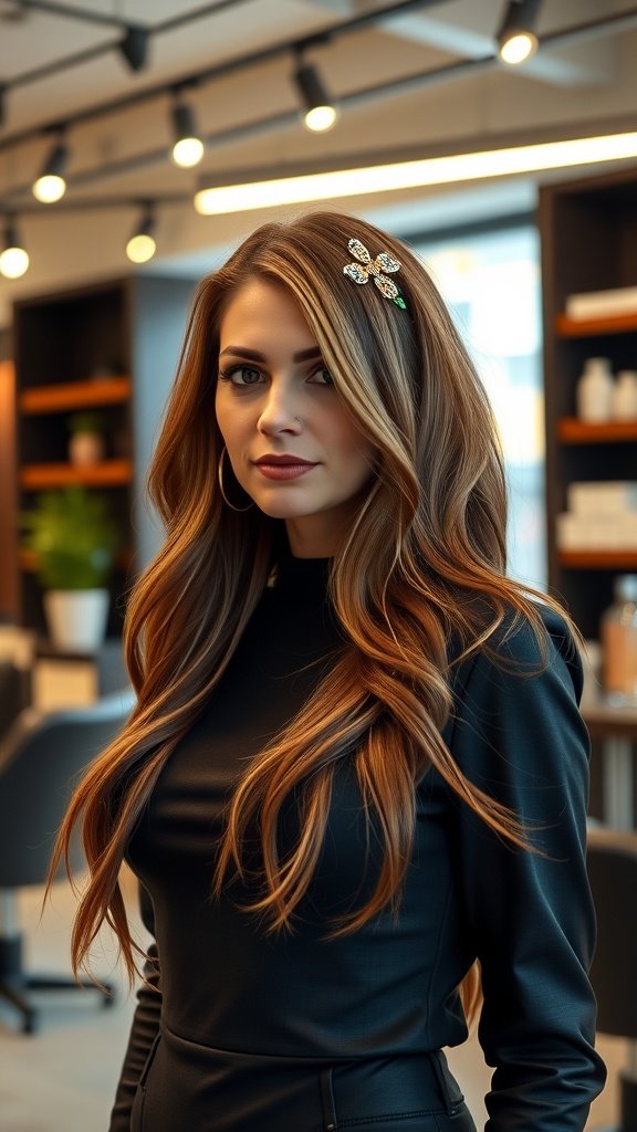 A woman with chestnut brown hair featuring strawberry blonde highlights, styled elegantly in a modern salon.