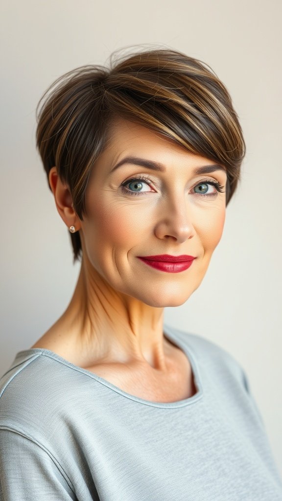 A woman with a classic tapered pixie hairstyle featuring a side-swept fringe, wearing a light blue top and bold red lipstick.