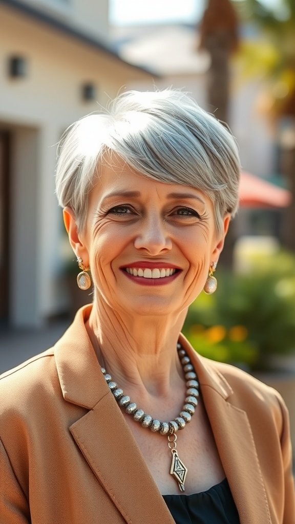 A woman over 60 with a classic tapered pixie hairstyle and side-swept fringe, smiling confidently.