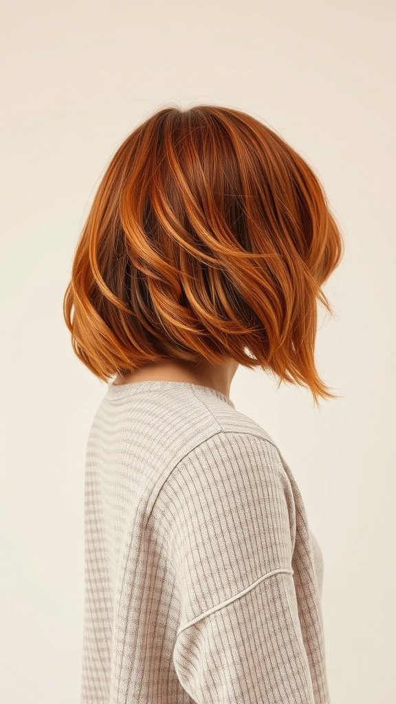 A woman with a copper high-low bob hairstyle, showcasing vibrant copper tones and soft waves.