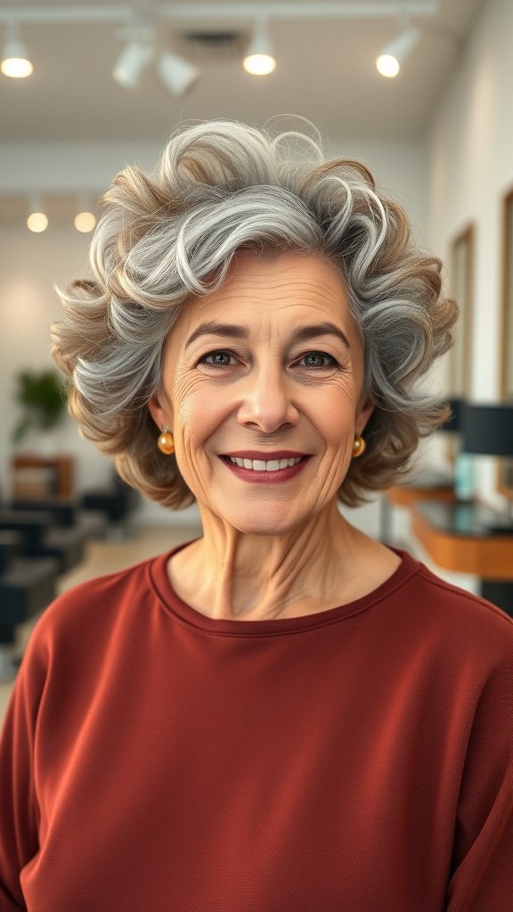 A woman over 70 with soft curls and a tapered nape hairstyle, smiling in a salon setting.