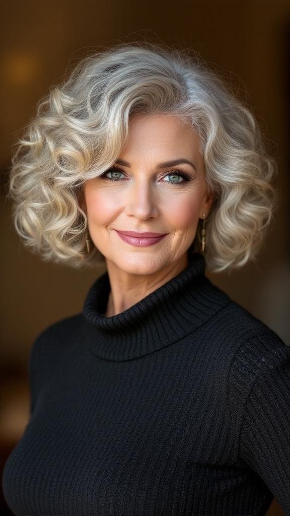 A woman with a curly bob hairstyle featuring an angled cut, showcasing her natural curls.